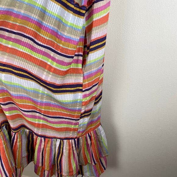 Rue de la Lune Sabi Dress Size ML Pink Multi Ruffle Cotton Stripe Maxi Colorful - Picture 8 of 14